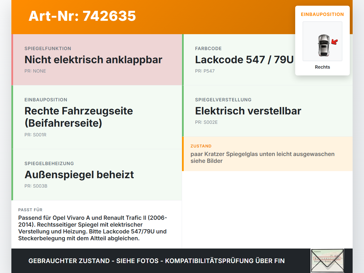 Opel Vivaro A F7 Trafic II 06-14 Spiegel Aussenspiegel Rechts 547 79U Opel Vivaro A F7 Trafic II 06-14 04.10.2012... Vorschau 3