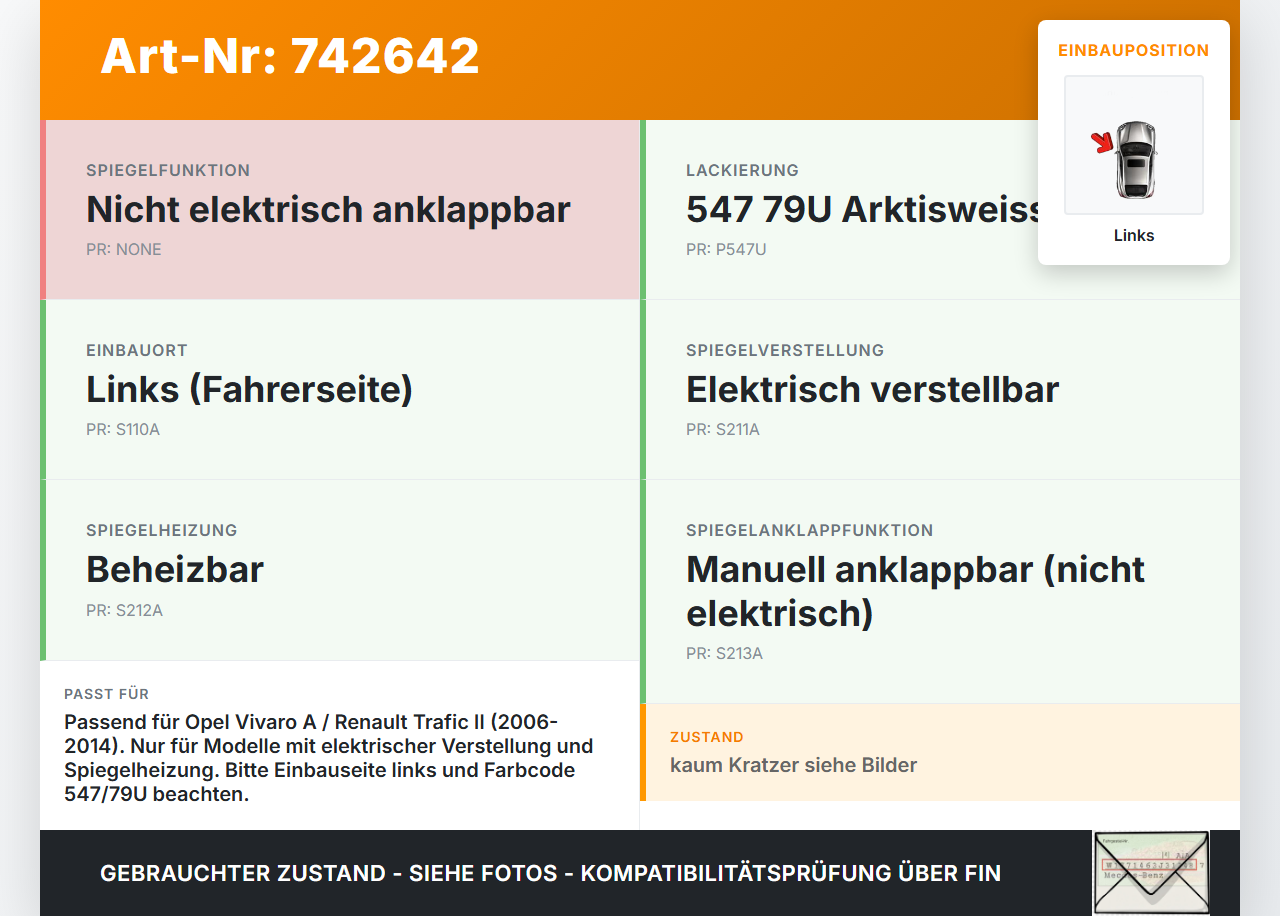 Opel Vivaro A F7 Trafic II 06-14 Spiegel Aussenspiegel Links 547 79U Opel Vivaro A F7 Trafic II 06-14 04.10.2012... Vorschau 3