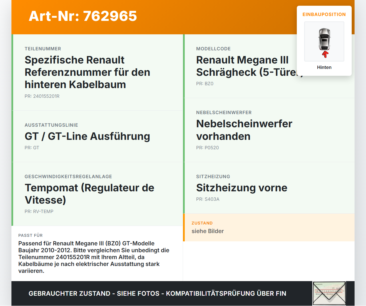 Renault Megane III BZ0 GT 10-12 Kabelbaum Hinten Renault Megane III BZ0 GT 10-12 27.08.2010 240155201R gebraucht Vorschau 3