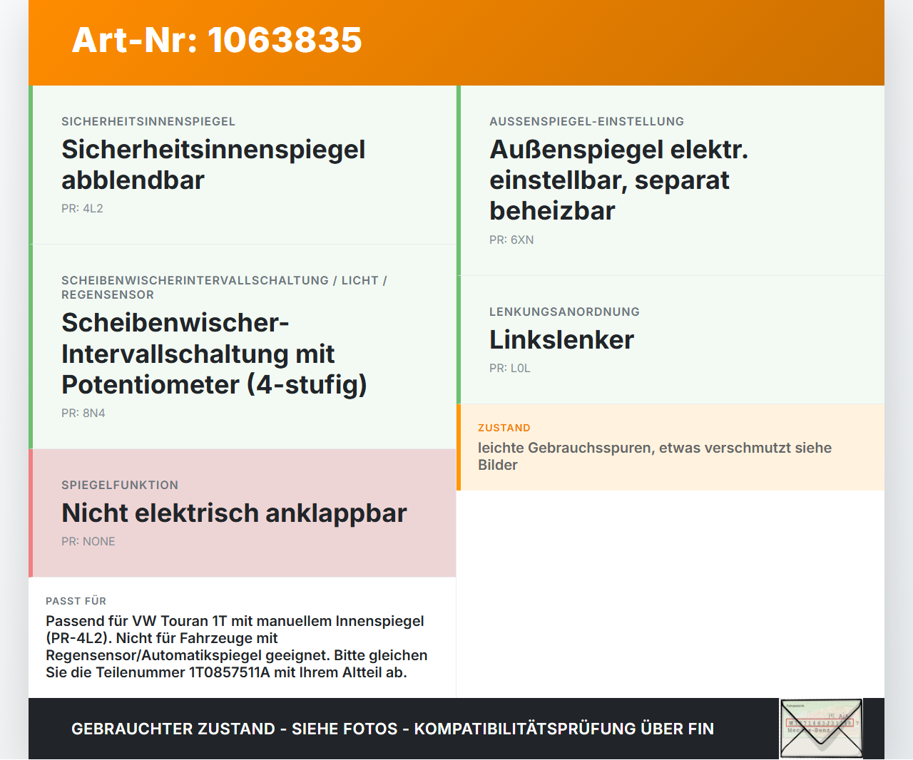 VW Touran 1T 06-10 Innenspiegel Rückspiegel Spiegel Innen VW Touran 1T 06-10 06.08.2007 1T0857511A gebraucht Vorschau 3