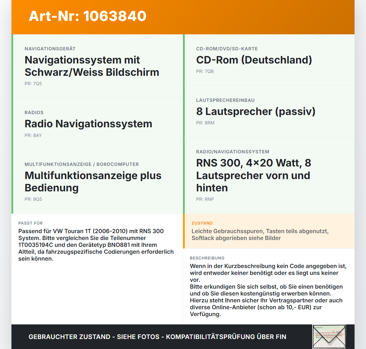 VW Touran 1T 06-10 Navigationssystem Navi BNO881 VW Touran 1T 06-10 06.08.2007 1T0035194C 7612002029 gebraucht Vorschau 3