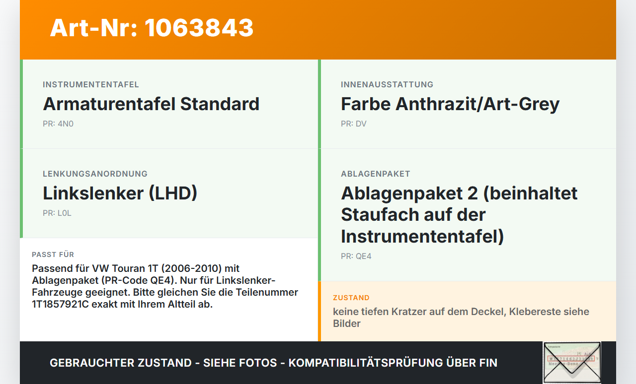 VW Touran 1T 06-10 Ablagefach Staufach Fach VW Touran 1T 06-10 06.08.2007 1T1857921C gebraucht Vorschau 3