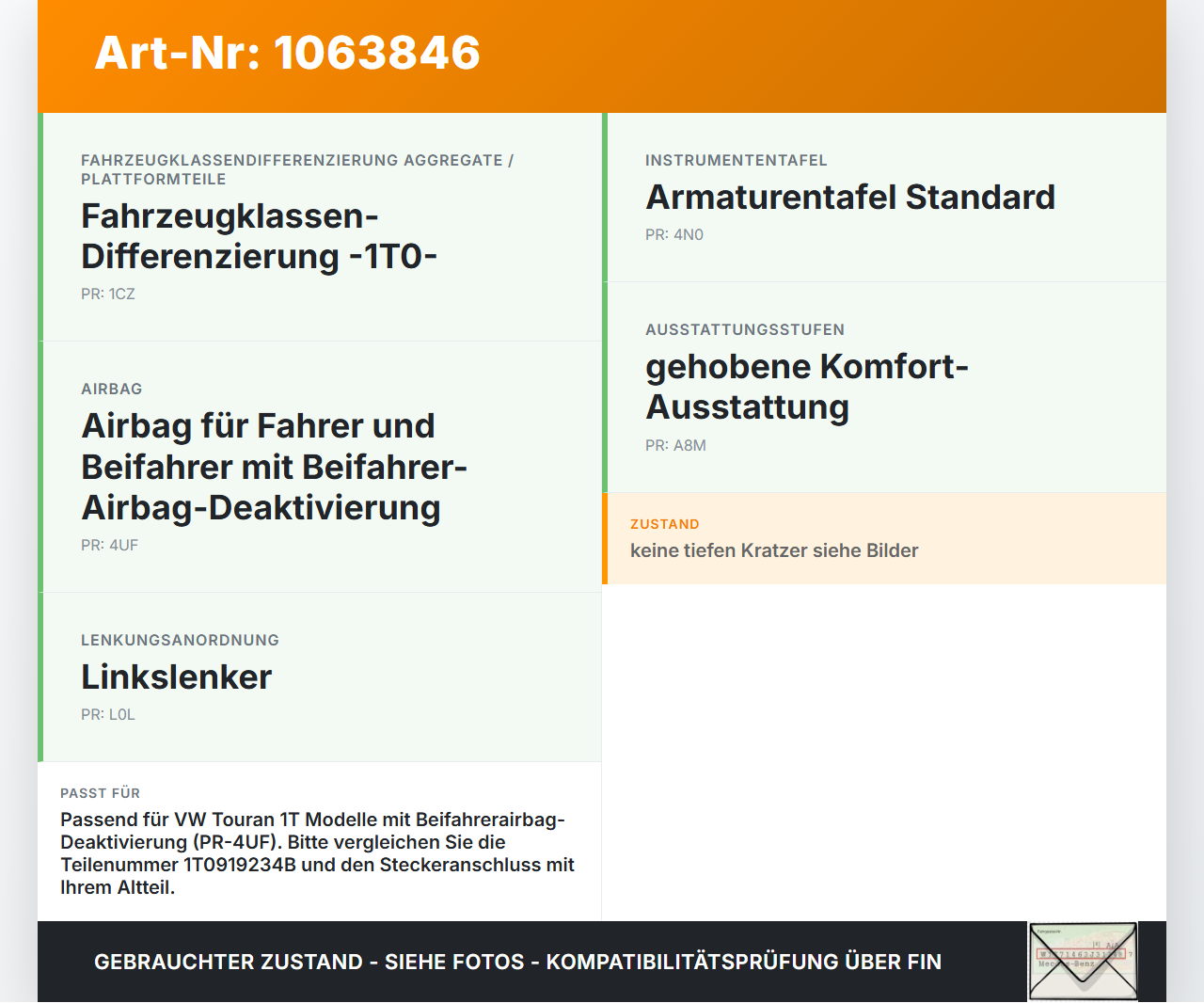 VW Touran 1T 06-10 CNG 2,0 80KW Anzeige für Beifahrerairbag On Off VW Touran 1T 06-10 06.08.2007 1T0919234B gebraucht Vorschau 3