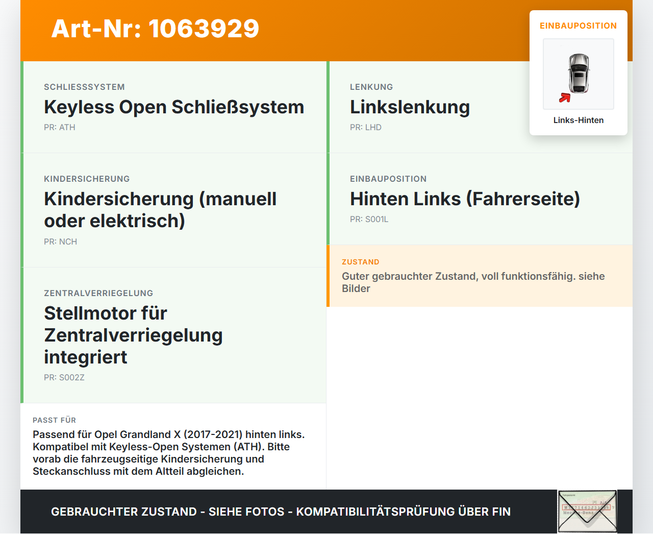 Opel Grandland I 17-21 Türschloss m. ZV Stellmotor Links Hinten Opel Grandland I 17-21 29.03.2018 146129 16943123... Vorschau 3