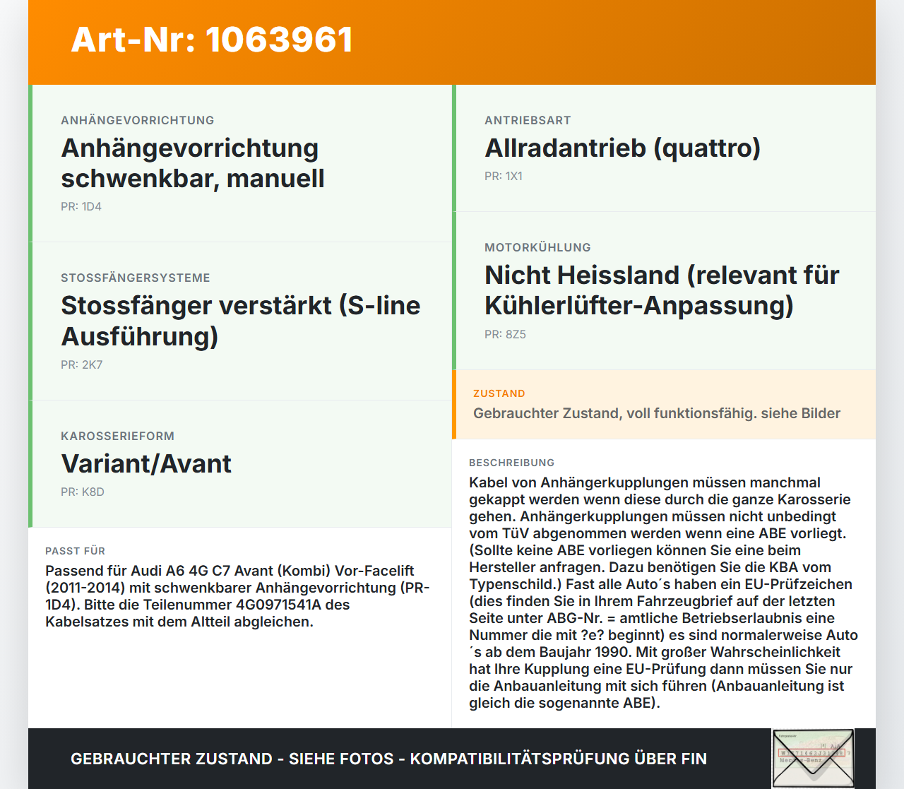 Audi A6 4G C7 11-14 qu Kombi Anhängerkupplung AHK schwenkbar Audi A6 4G C7 11-14 qu 31.01.2012 4G0971541A gebraucht Vorschau 3