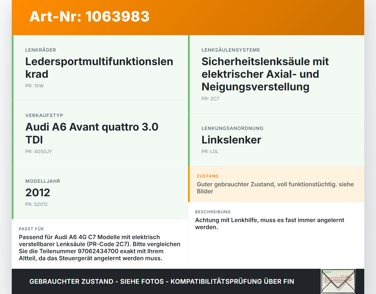 Audi A6 4G C7 11-14 qu Lenkhilfe Lenksäule elektrisch Audi A6 4G C7 11-14 qu 31.01.2012 450419500025 97062434700... Vorschau 3