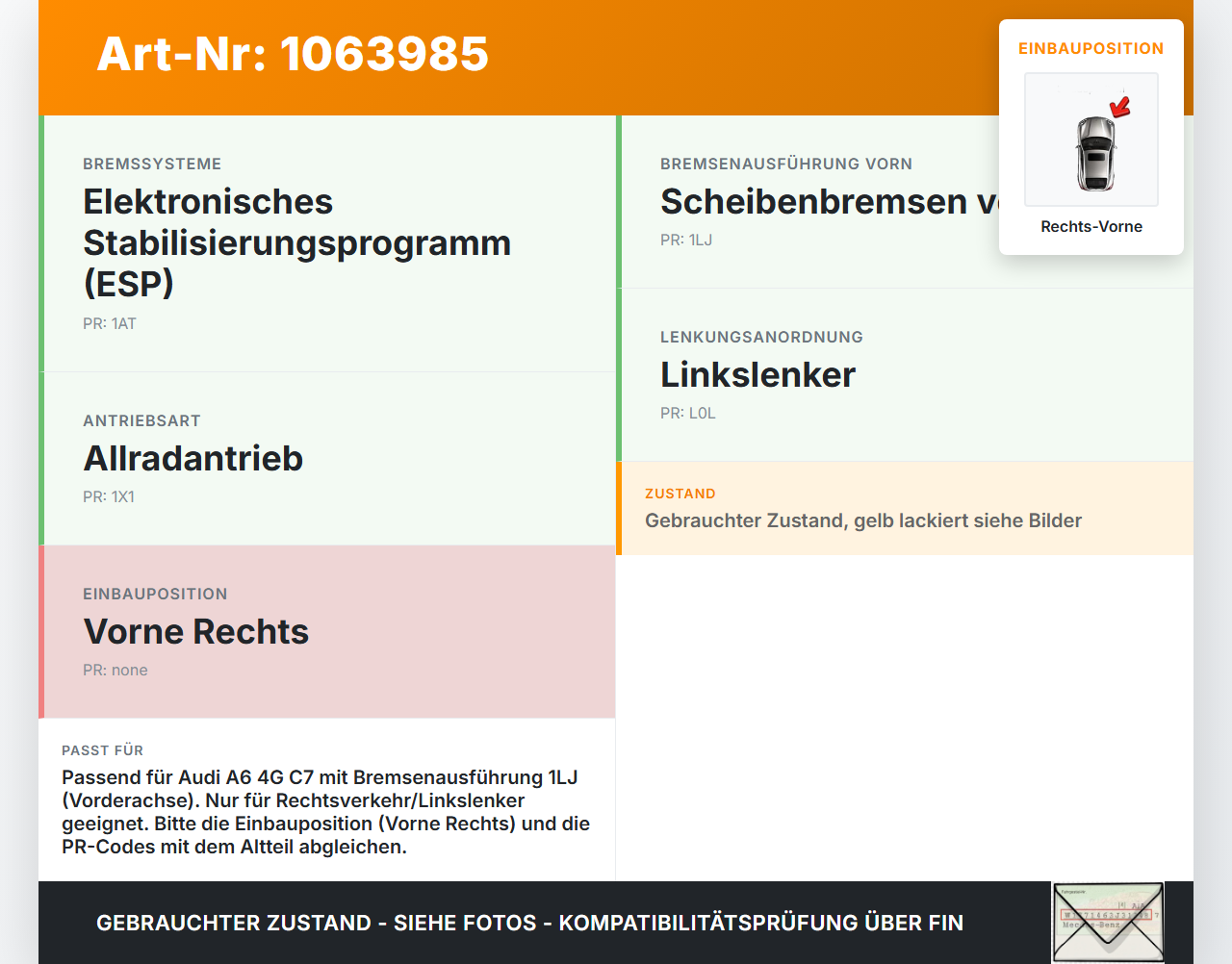 Audi A6 4G C7 11-14 qu 2,0 130KW Bremssattel Bremszange Vorne Rechts Audi A6 4G C7 11-14 qu 31.01.2012 gebraucht Vorschau 3