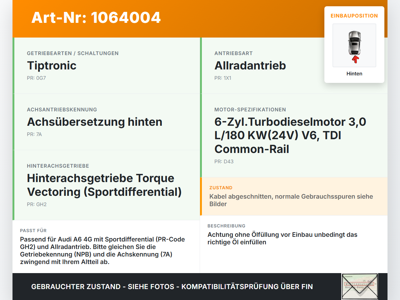 Audi A6 4G C7 11-14 qu 2,0 130KW 4WD Differential Hinterachsgetriebe Hinten mit Actuator Audi A6 4G C7 11-14 qu... Vorschau 3