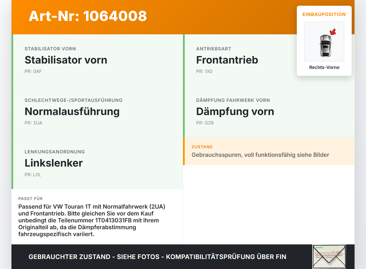 VW Touran 1T 06-10 Stossdämpfer Federbein Vorne Rechts VW Touran 1T 06-10 06.08.2007 1T0413031FB gebraucht Vorschau 3