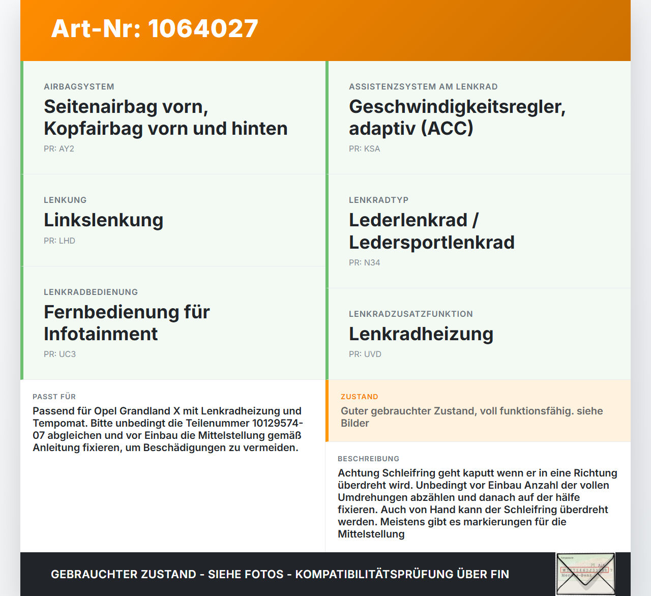 Opel Grandland I 17-21 Airbag Schleifring Wickelfeder Teilstück Opel Grandland I 17-21 29.03.2018 10129574-07 gebraucht Vorschau 3