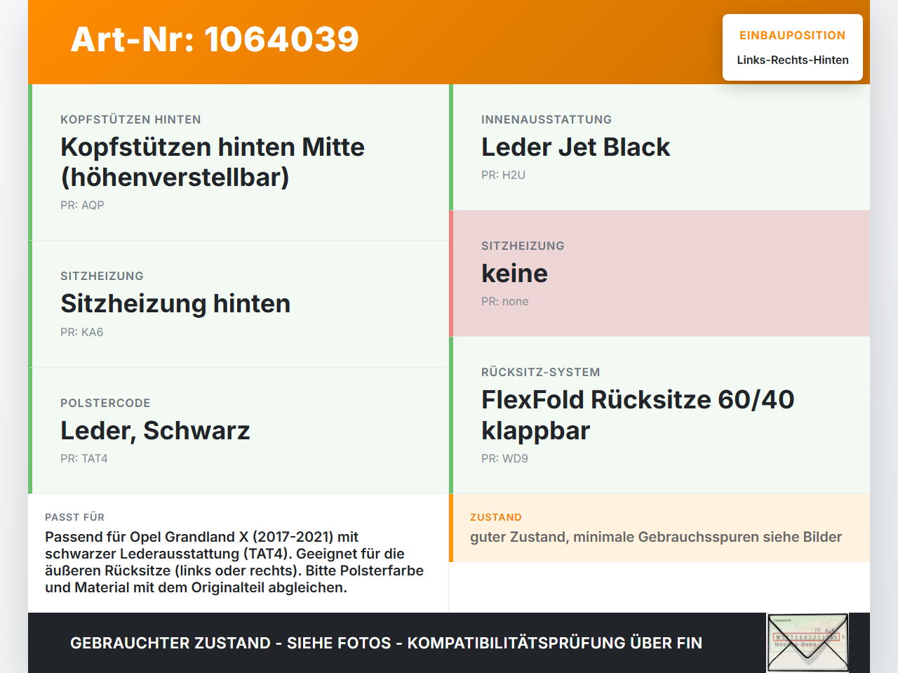 Opel Grandland I 17-21 Leder Kopfstütze Rechts oder Links Hinten Opel Grandland I 17-21 29.03.2018 YP001489YX gebraucht Vorschau 3