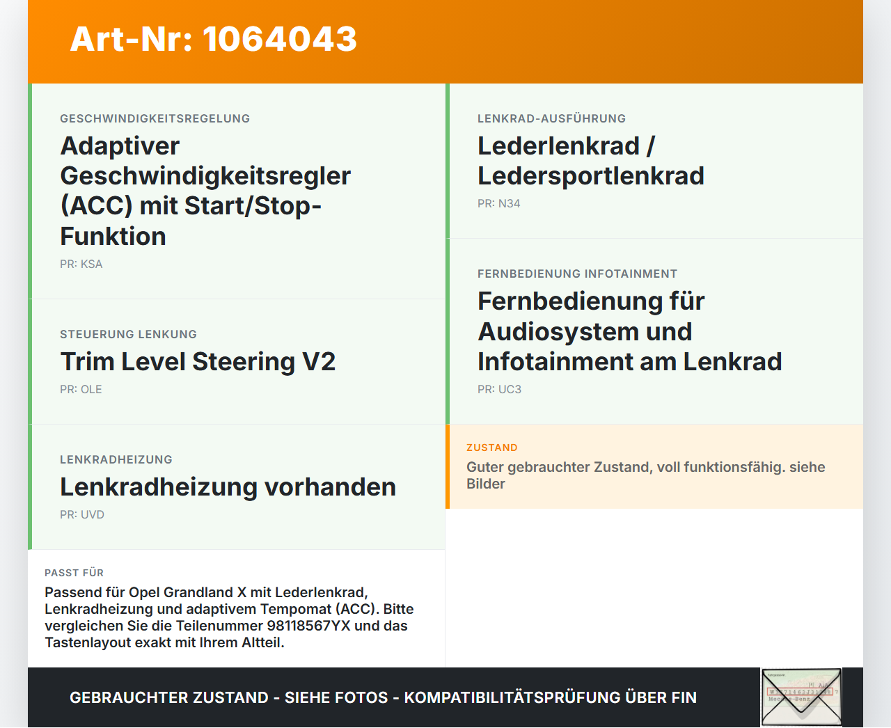 Opel Grandland I 17-21 Schaltzentrum für Lenkrad Opel Grandland I 17-21 29.03.2018 98118567YX LK10124844-09 gebraucht Vorschau 3