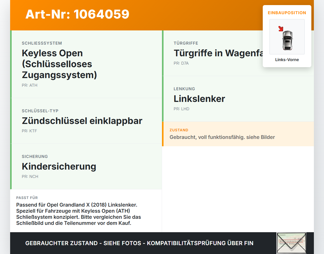 Opel Grandland I 17-21 Schließzylinder Türschloss für Tür Links Vorne2x Schlüssel Opel Grandland I 17-21 29.03.2018... Vorschau 3