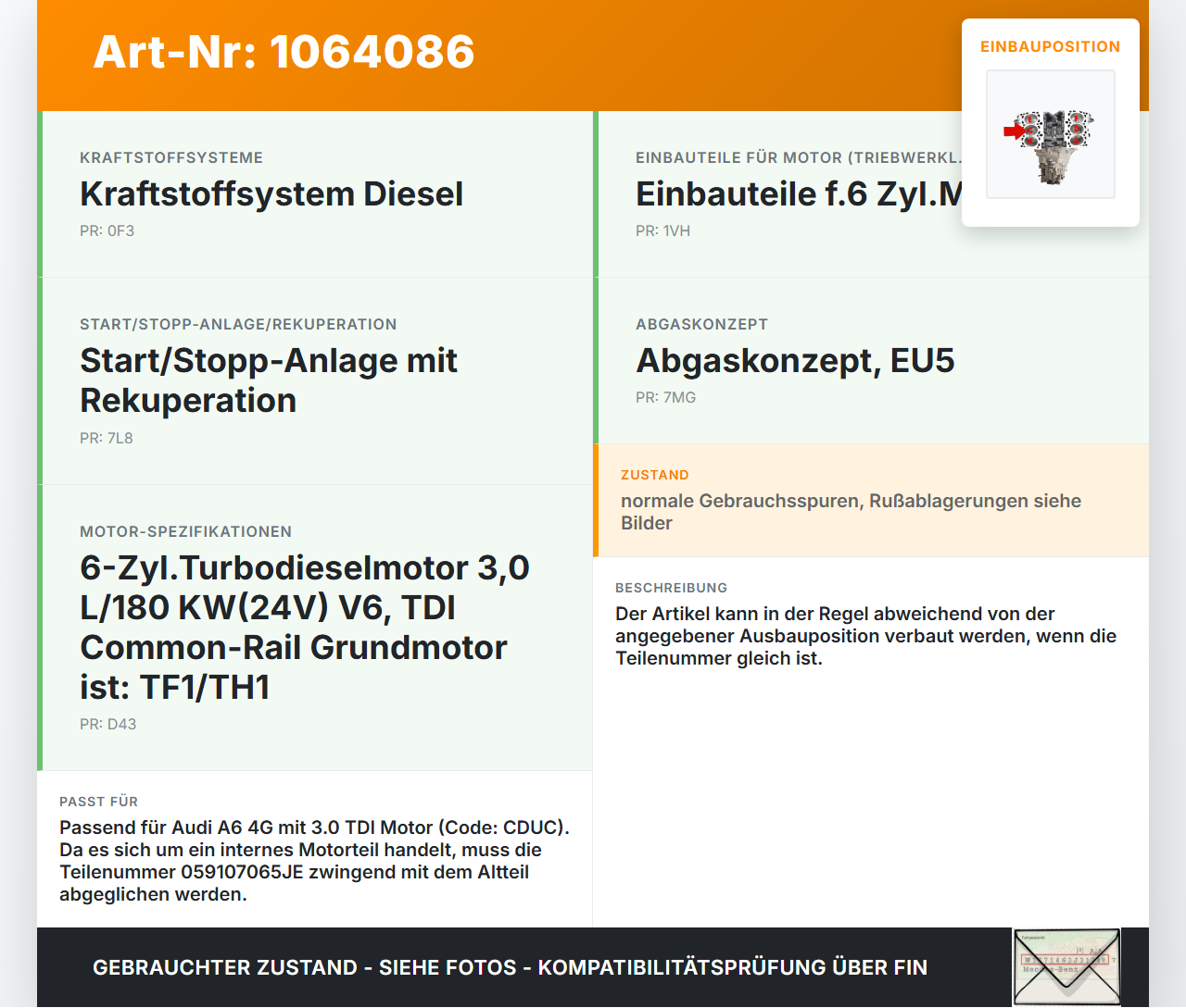 Audi A6 4G C7 11-14 qu 2,0 130KW CDUC Kolben mit Pleuel Pos C Audi A6 4G C7 11-14 qu 31.01.2012 059107065JE gebraucht Vorschau 3