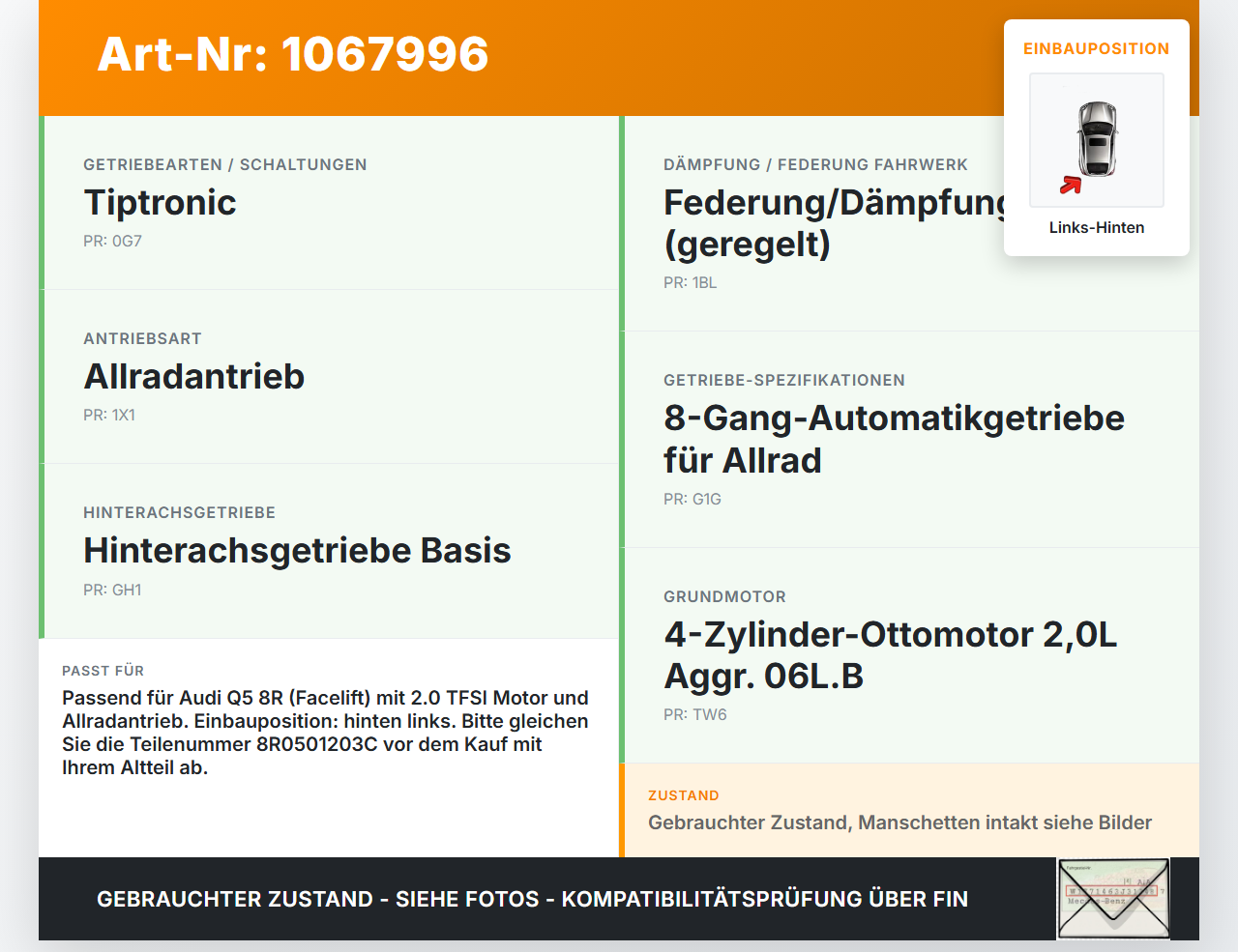 Audi Q5 8R 12-16  TFSI 2,0 Antriebswelle Gelenkwelle Hinten Links Audi Q5 8R 12-16 04.10.2016 8R0501203C gebraucht Vorschau 3
