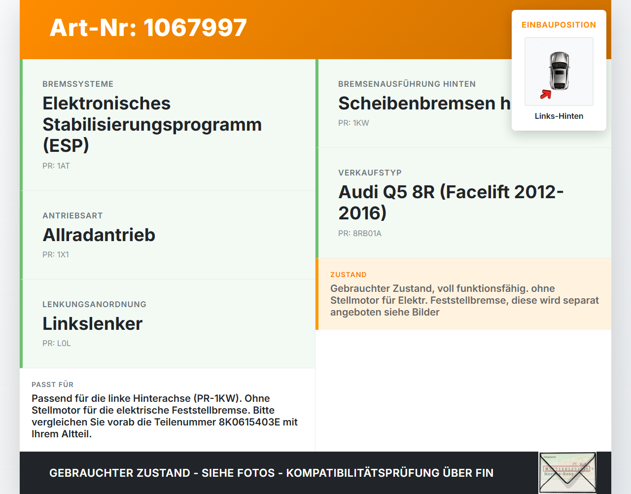 Audi Q5 8R 12-16 TFSI 2,0 Bremssattel Bremszange Hinten Links Audi Q5 8R 12-16 04.10.2016 8K0615403E gebraucht Vorschau 3