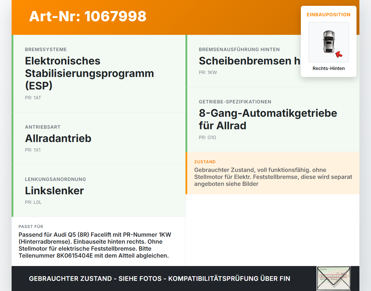 Audi Q5 8R 12-16 TFSI 2,0 Bremssattel Bremszange Hinten Rechts Audi Q5 8R 12-16 04.10.2016 8K0615404E gebraucht Vorschau 3