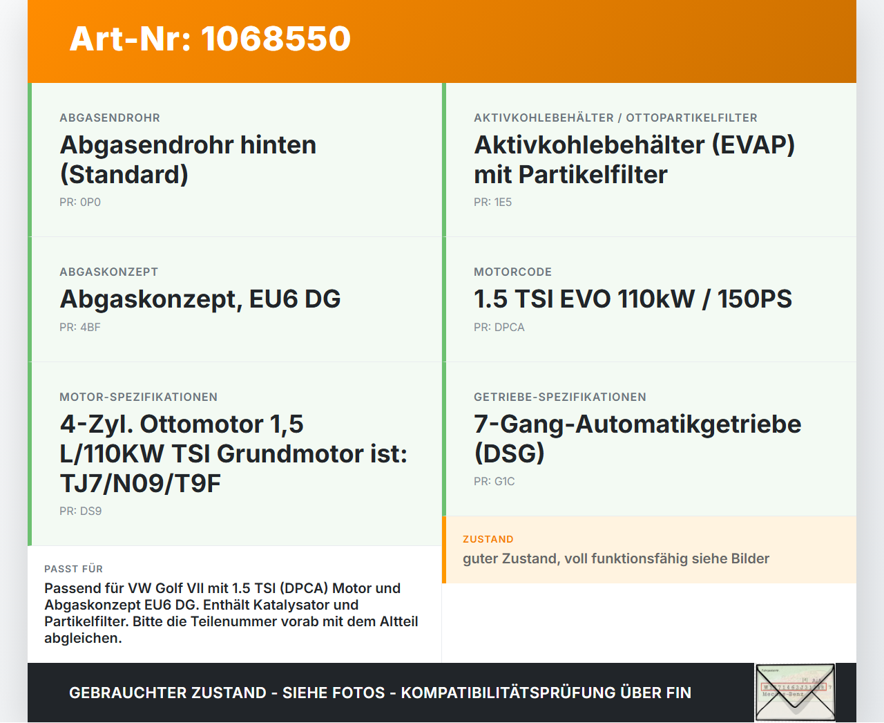 VW Golf VII 7 5G 17-20 TSI 1,5 110KW Katalysator Kat Flexrohr VW Golf VII 7 5G 17-20 22.11.2019 5Q0254505PX... Vorschau 3