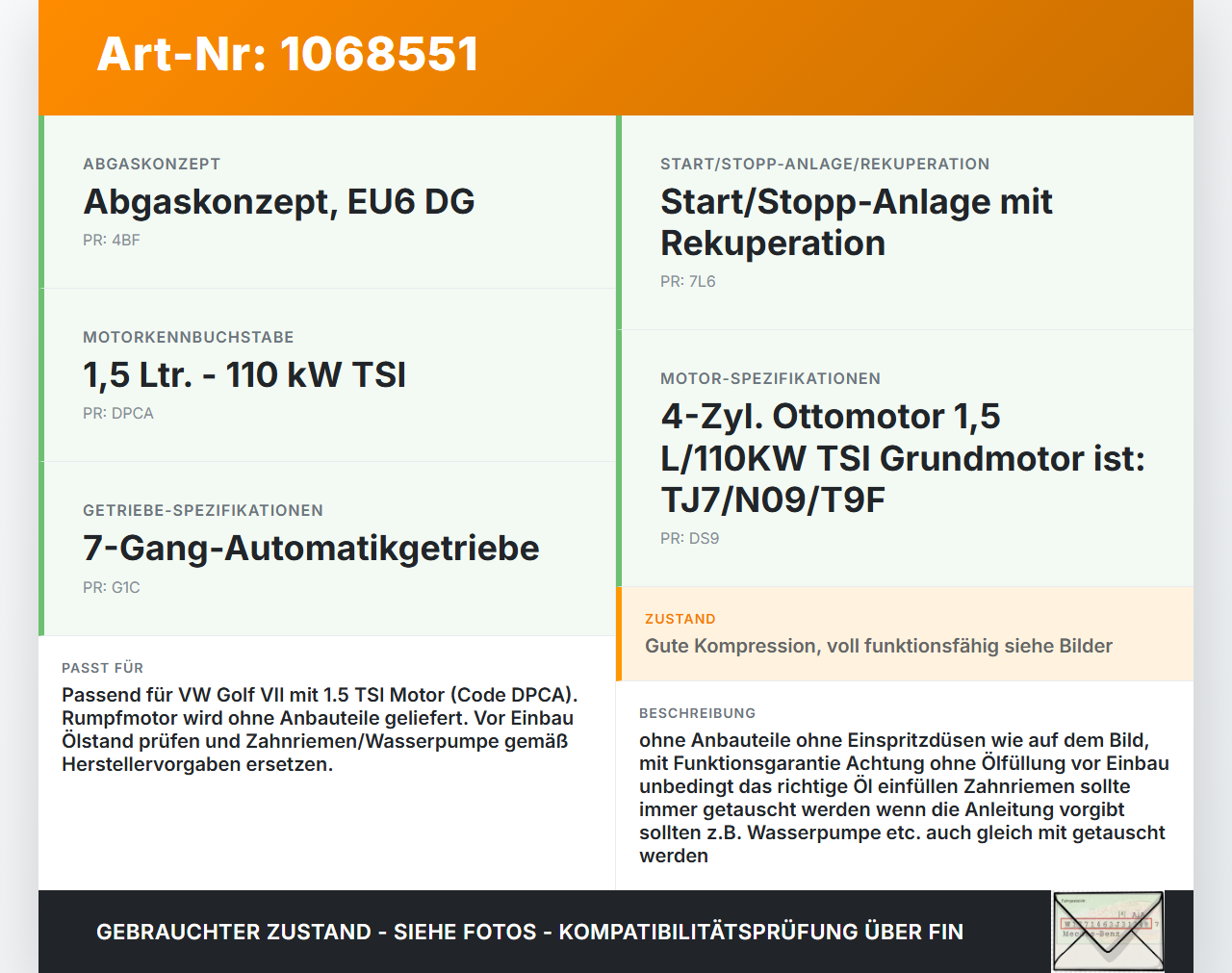 VW Golf VII 7 5G 17-20 TSI 1,5 110KW DPCA Motor Triebwerk VW Golf VII 7 5G 17-20 22.11.2019 05E100098L gebraucht Vorschau 3