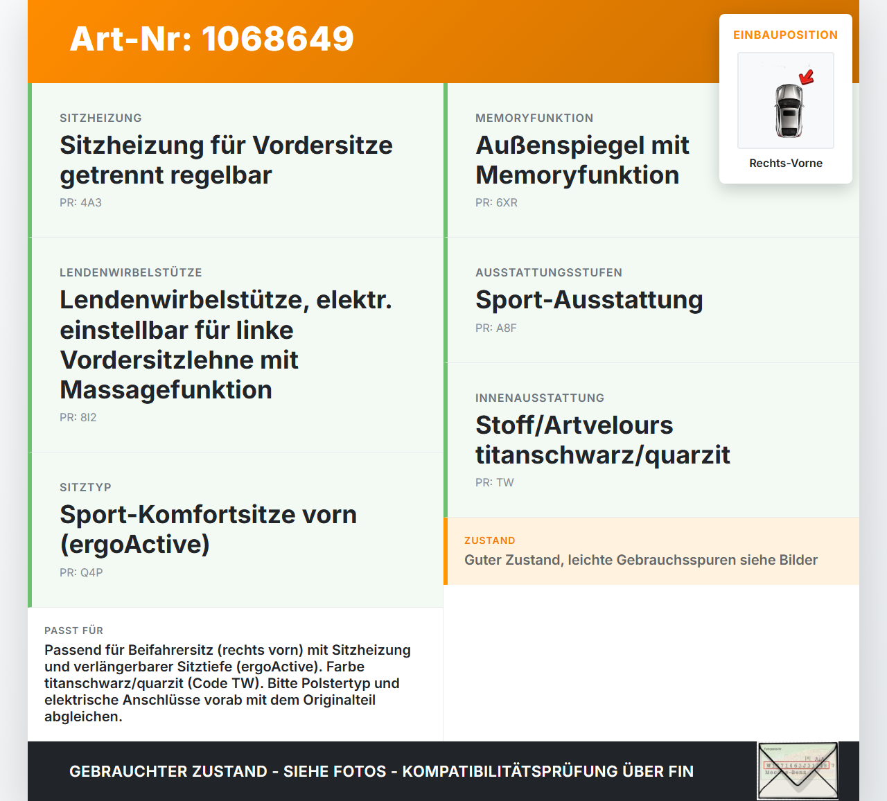 VW Golf VII 7 5G 17-20 5T Sitzbezug Sitzpolster für Beifahrersitz Rechts Vorne beheizt VW Golf VII 7 5G 17-20... Vorschau 3