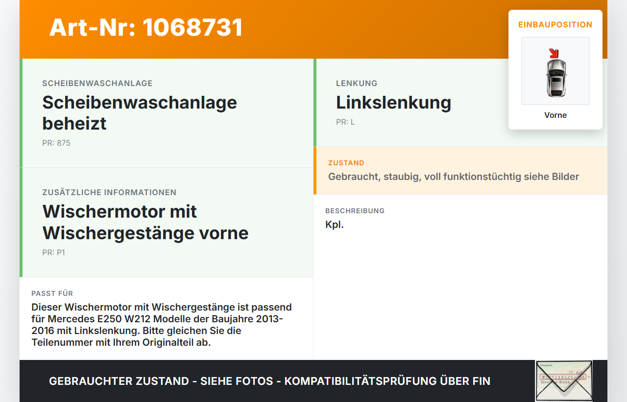 Mercedes E250 W212 13-16 Wischermotor m. Wischergestänge Vorne Mercedes E250 W212 13-16 17.09.2013 A2128201240... Vorschau 3