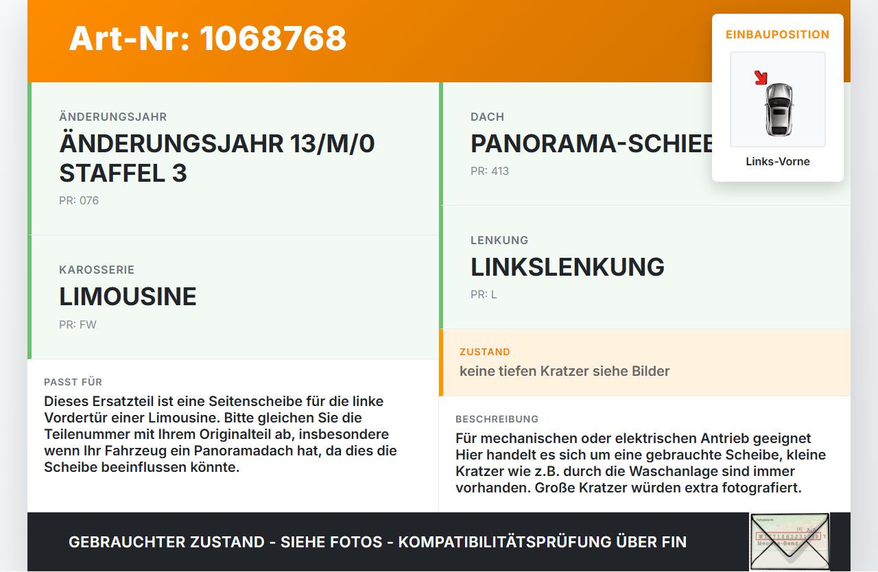 Mercedes E250 W212 13-16 Lim LVK Seitenscheibe für Tür Fenster Türscheibe Links Vorne Mercedes E250 W212 13-16... Vorschau 3