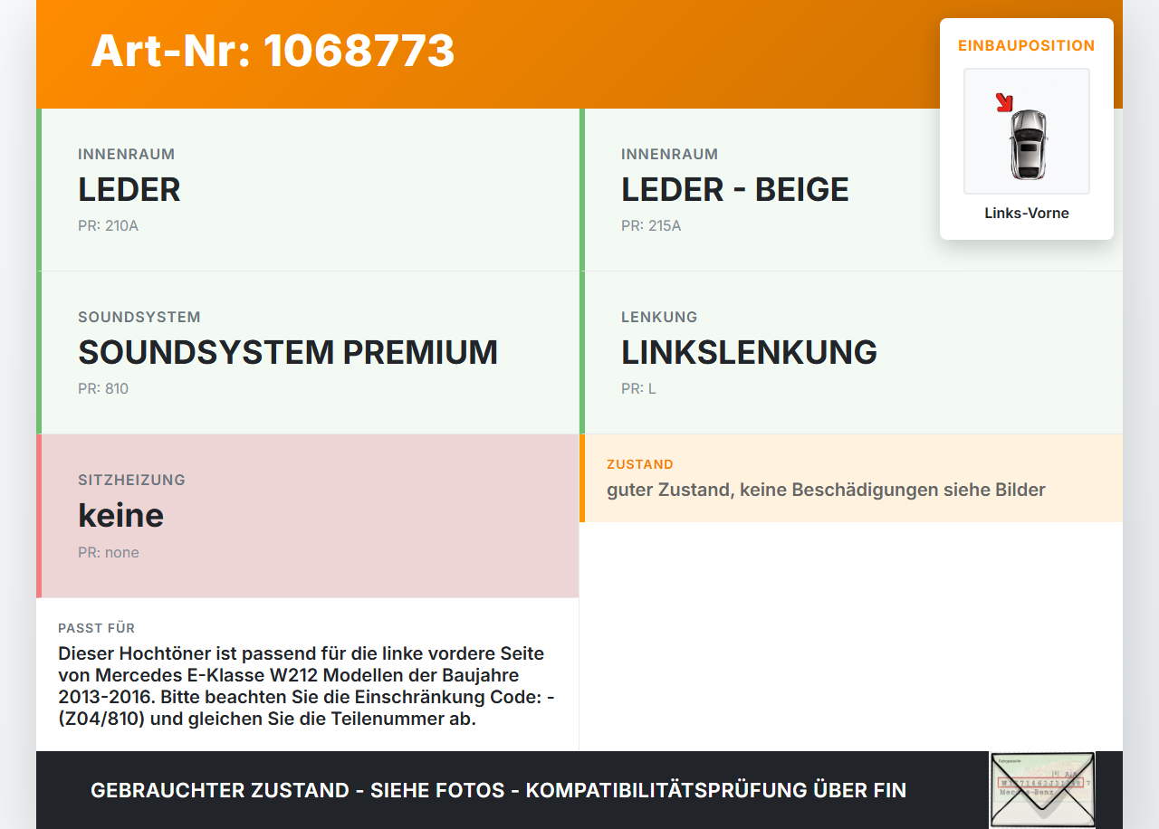 Mercedes E250 W212 13-16 Lautsprecher Hochtöner Links Vorne Mercedes E250 W212 13-16 17.09.2013 A2127200148 gebraucht Vorschau 3