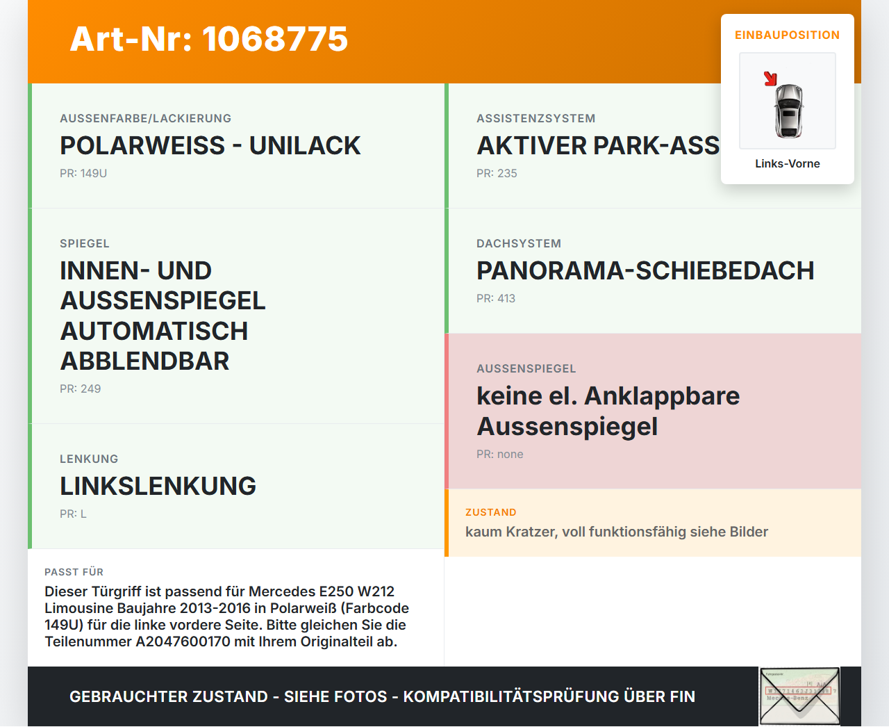 Mercedes E250 W212 13-16 Lim Türgriff Griff aussen Links Vorne 149 Mercedes E250 W212 13-16 17.09.2013 A2047600170... Vorschau 3