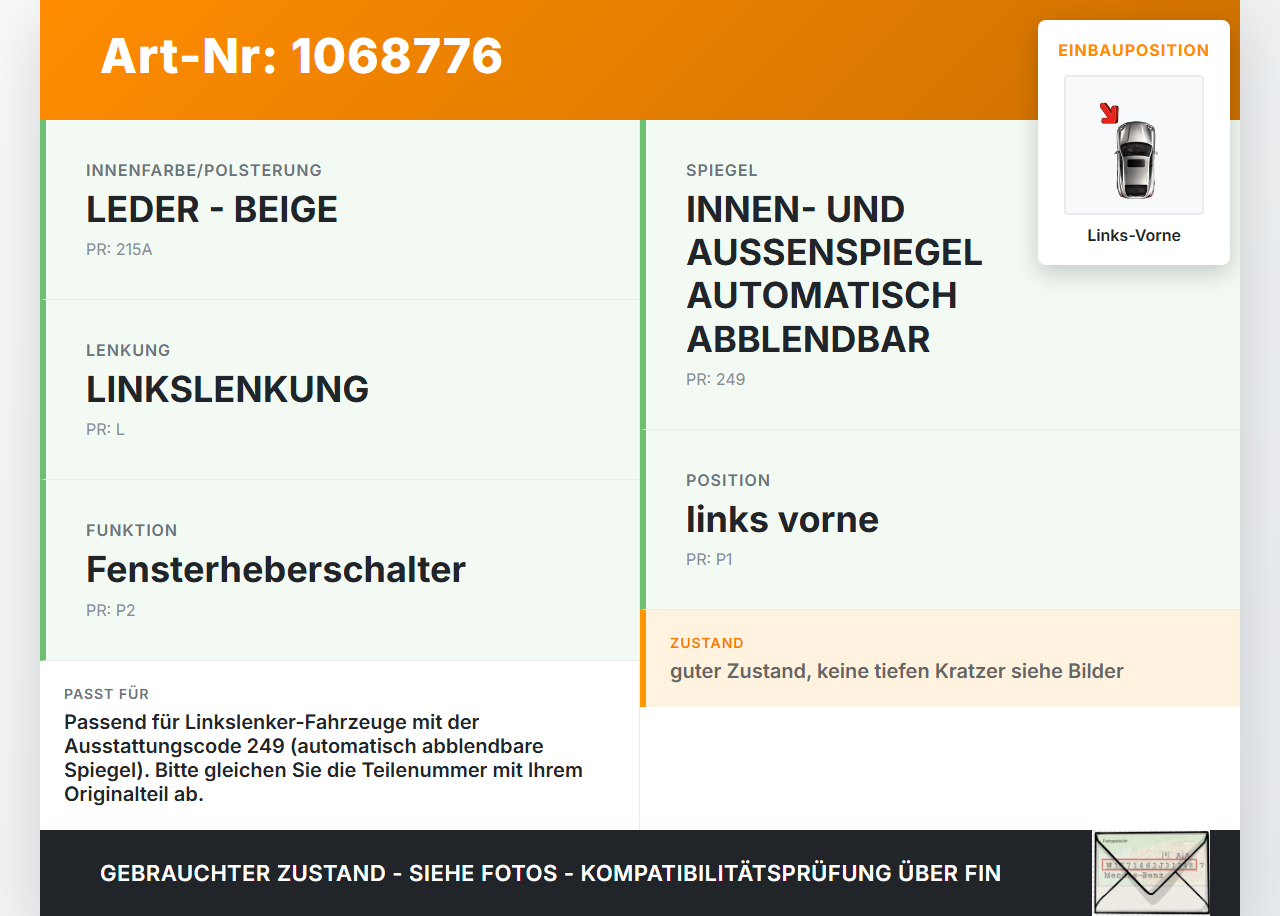 Mercedes E250 W212 13-16 Lim Fensterheberschalter Schalter Links Vorne Mercedes E250 W212 13-16 17.09.2013... Vorschau 3