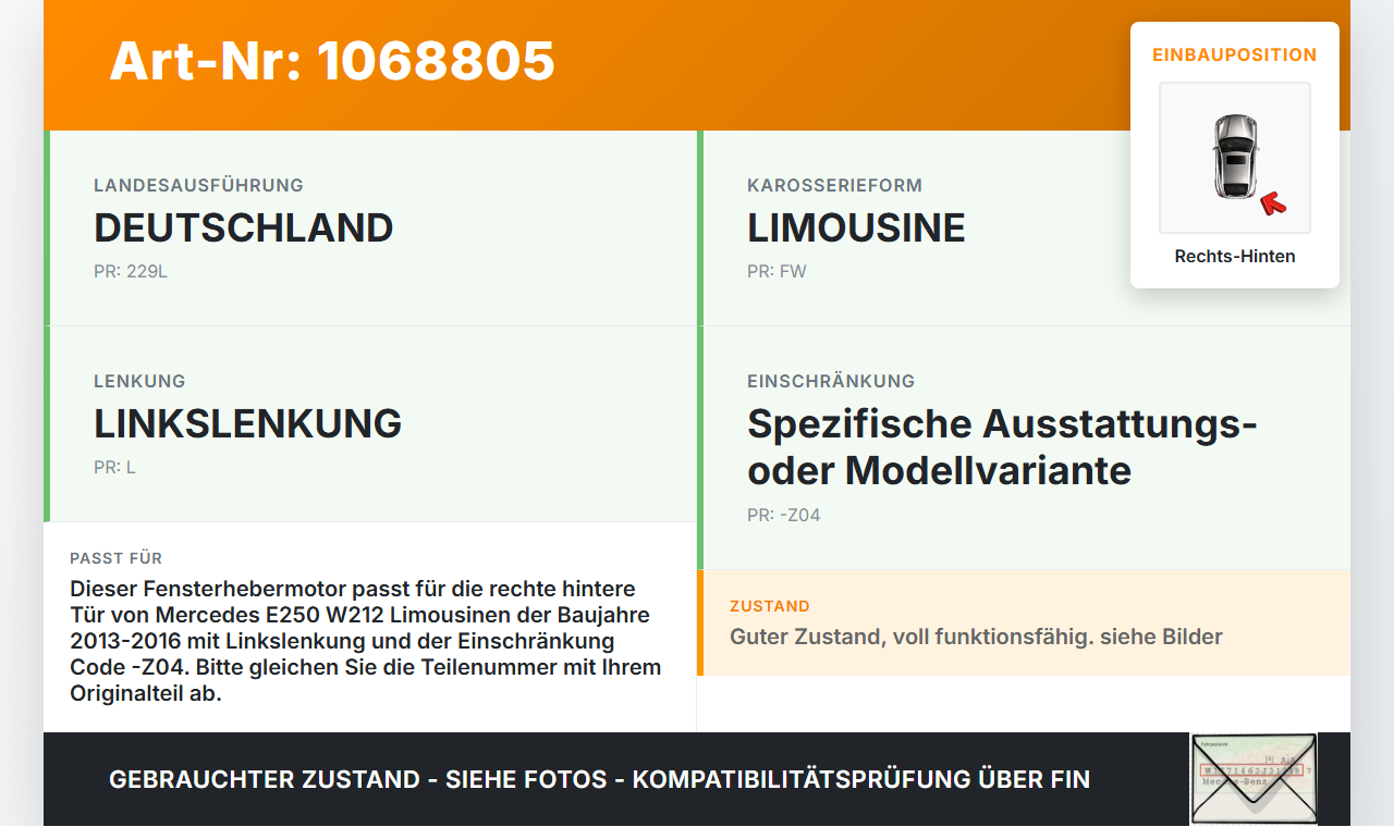 Mercedes E250 W212 13-16 Lim Fensterhebermotor Rechts Hinten Mercedes E250 W212 13-16 17.09.2013 A2048200642... Vorschau 3