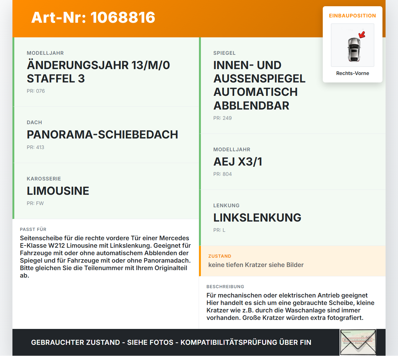 Mercedes E250 W212 13-16 Lim Seitenscheibe RVK Türscheibe Rechts Vorne Mercedes E250 W212 13-16 17.09.2013... Vorschau 3