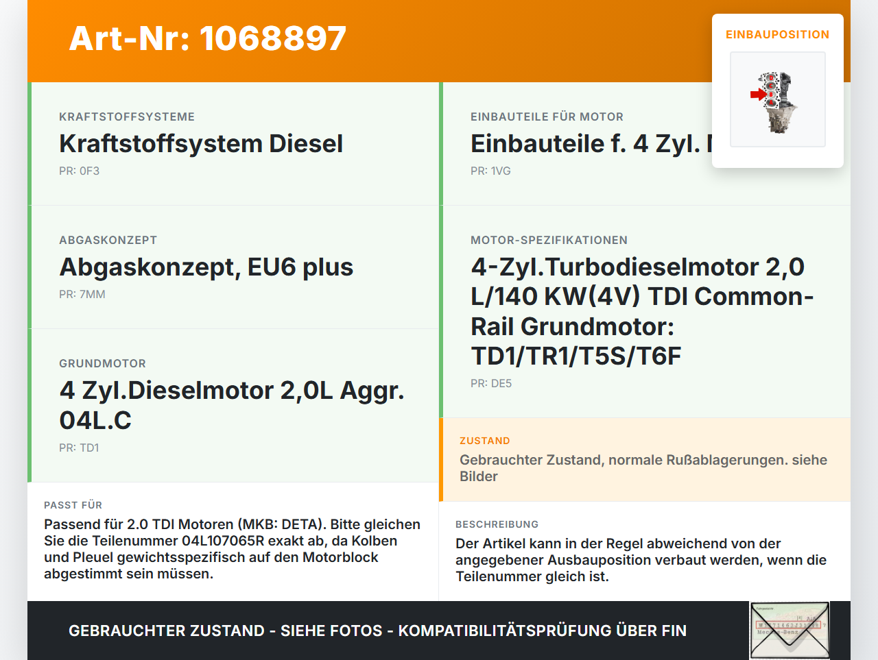 Audi A4 8W B9 19-24 TDI 2,0 116KW DETA Kolben mit Pleuel Pos B Audi A4 8W B9 19-24 18.12.2015 04L107065R gebraucht Vorschau 3