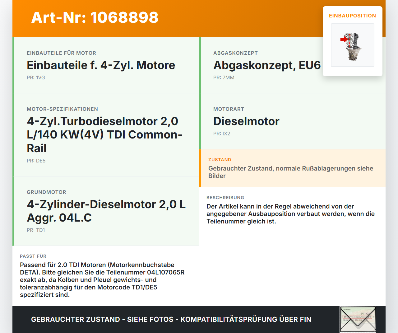 Audi A4 8W B9 19-24 TDI 2,0 116KW DETA Kolben mit Pleuel Pos C Audi A4 8W B9 19-24 18.12.2015 04L107065R gebraucht Vorschau 3