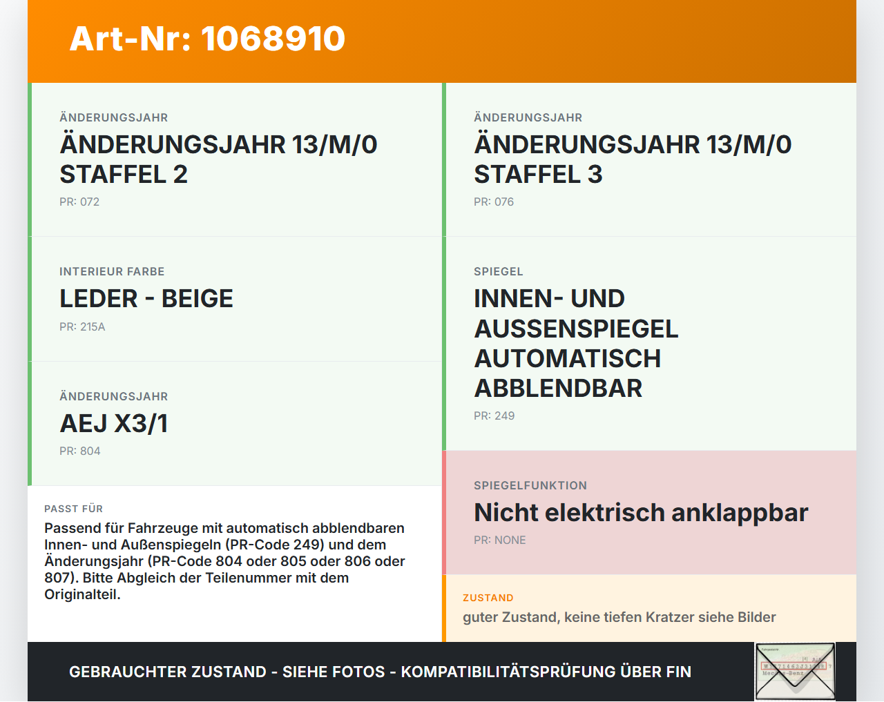 Mercedes E250 W212 13-16 Innenspiegel Rückspiegel Spiegel Innen Elektrochrom Mercedes E250 W212 13-16 17.09.2013... Vorschau 3