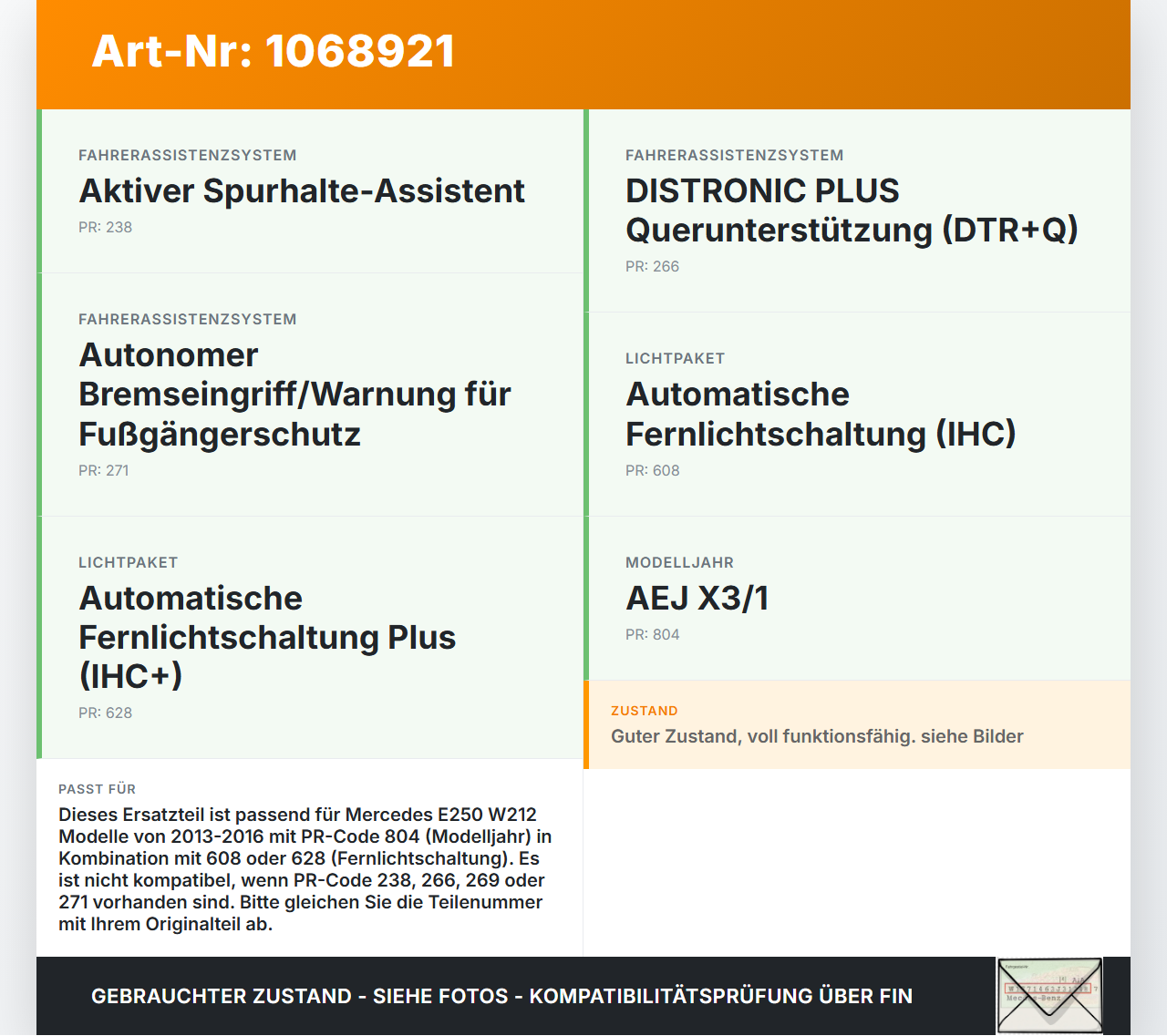 Mercedes E250 W212 13-16 2,0 155KW Kamera Sensor Frontkamera für Spurhalteassistent Mercedes E250 W212 13-16... Vorschau 3