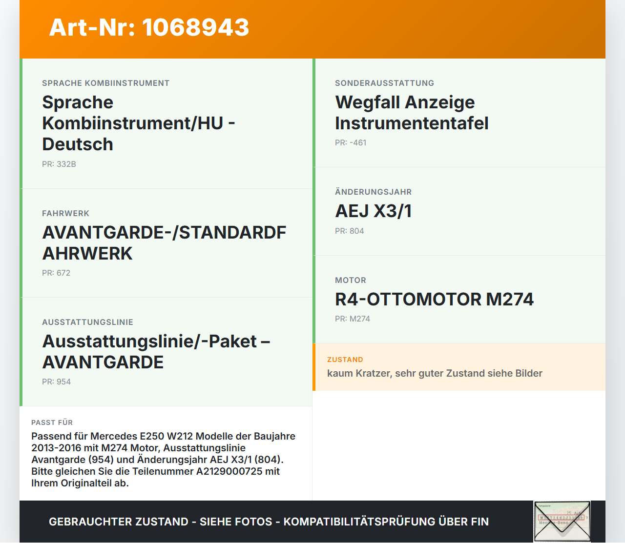Mercedes E250 W212 13-16 2,0 155KW Kombiinstrument Tacho Mercedes E250 W212 13-16 17.09.2013 A2129000725... Vorschau 3