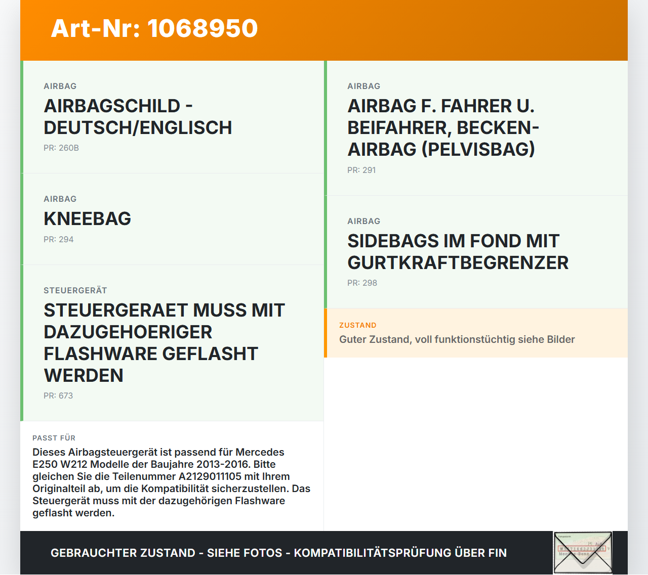Mercedes E250 W212 13-16 Airbag Steuergerät Airbagsteuergerät Mercedes E250 W212 13-16 17.09.2013 A2129011105... Vorschau 3