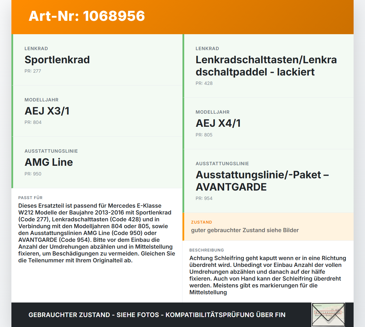 Mercedes E250 W212 13-16 Airbag Schleifring Wickelfeder Mercedes E250 W212 13-16 17.09.2013 A1664640417 10013828-10... Vorschau 3