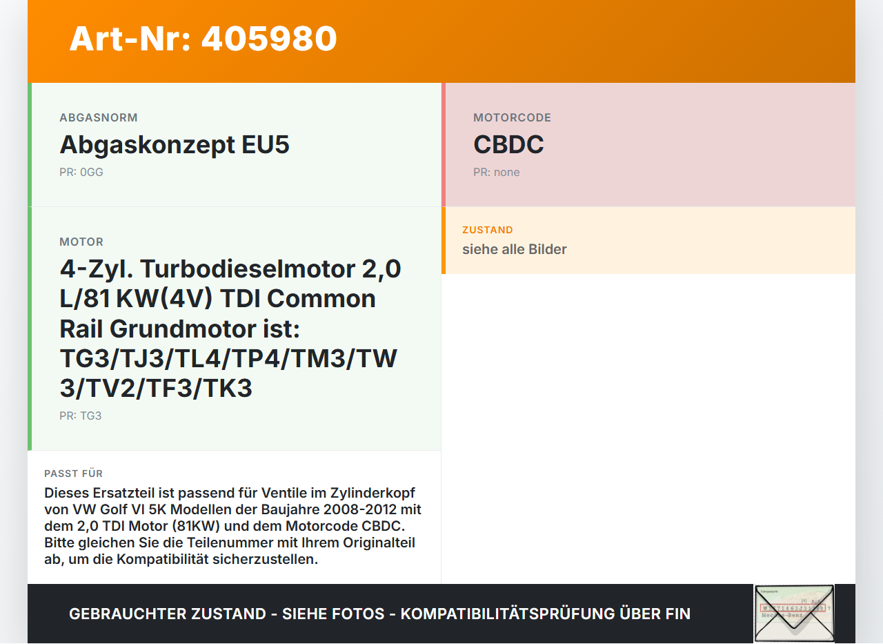 VW Golf VI 5K 08-12 2,0 TDI 81KW Federn für Ventile Zylinderkopf CBDC VW Golf VI 5K 08-12 07.08.2008 gebraucht Vorschau 3