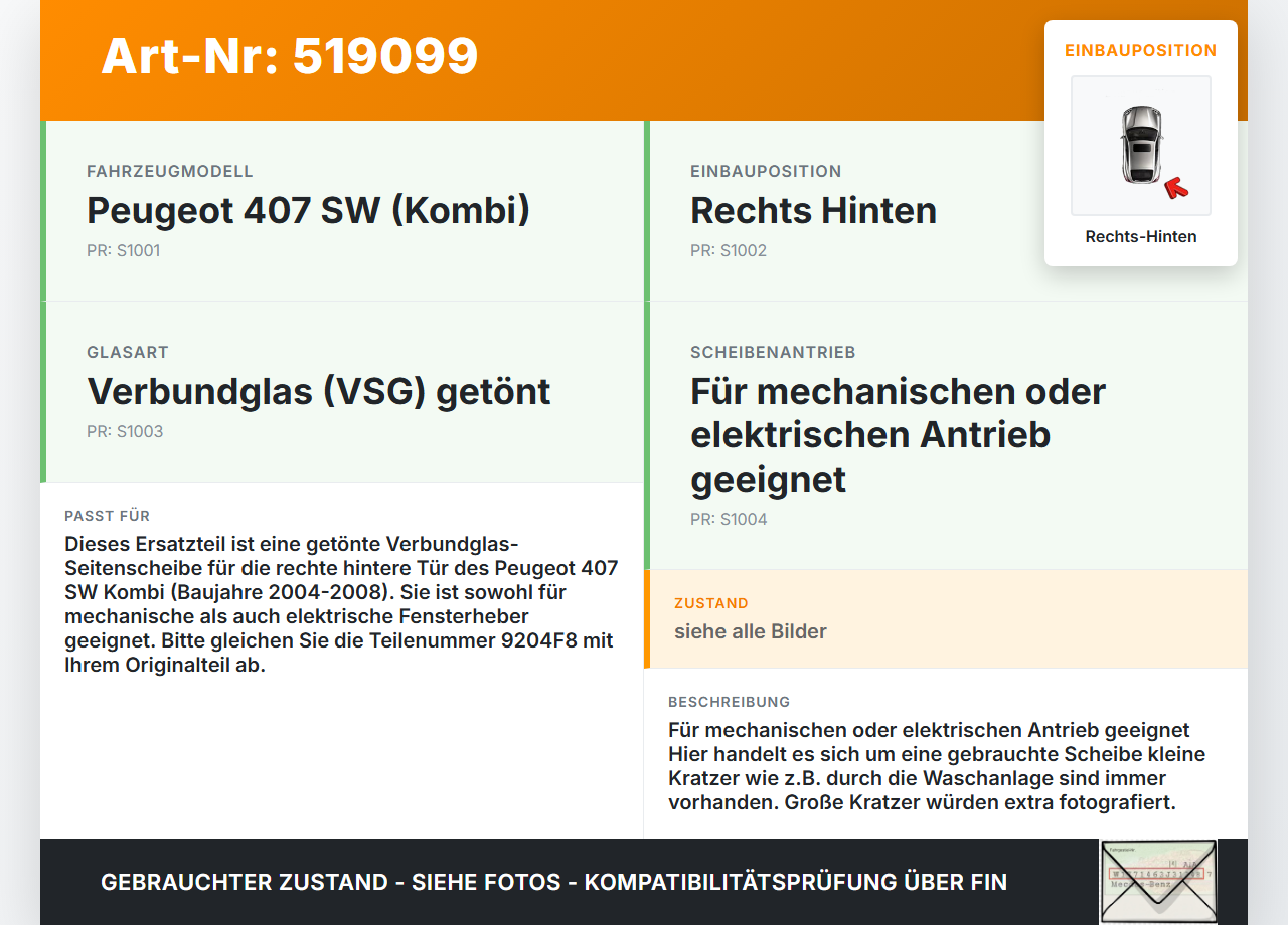 Peugeot 407 SW 04-08 Kombi RHK Seitenscheibe Tür Türscheibe Rechts Hinten Orig. getönt Verbundglas VSG Peugeot 407... Vorschau 3