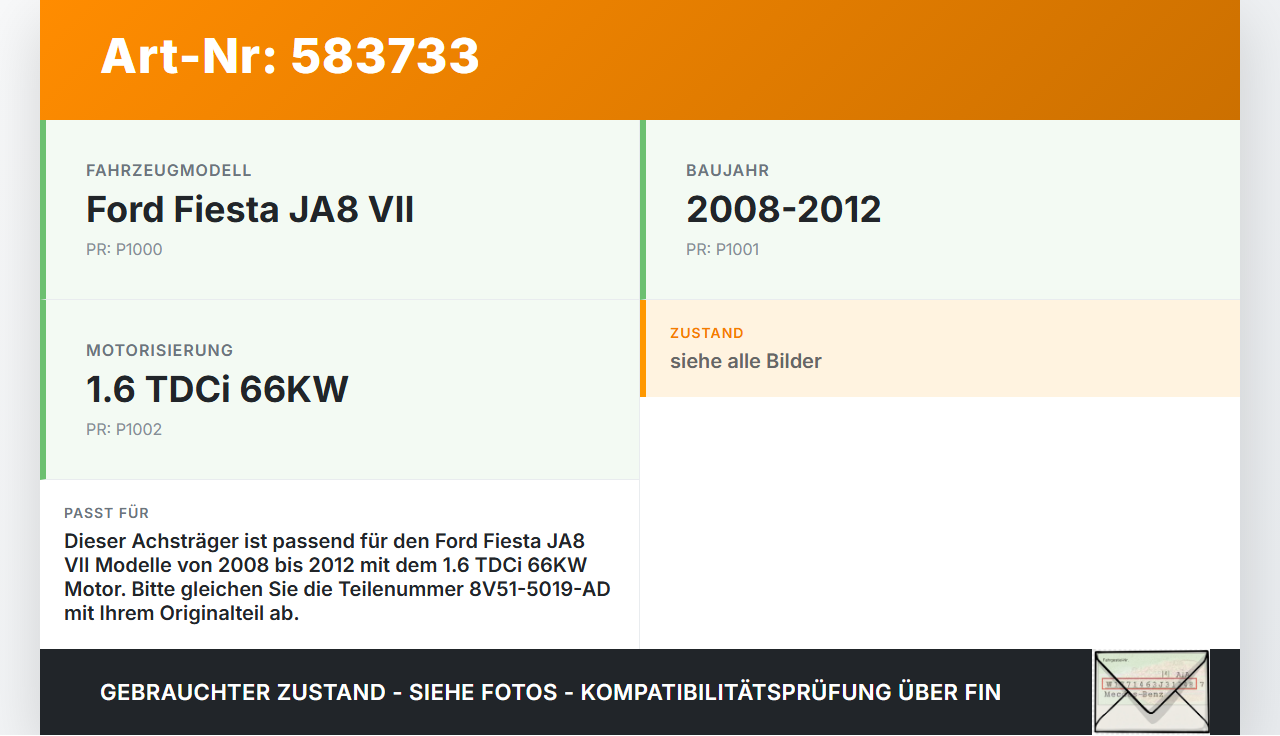 Ford Fiesta JA8 VII 08-12 TDCi 1,6 66KW Vorderachse Motorträger Motorhalter Achsträger Ford Fiesta JA8 VII 08-12... Vorschau 3