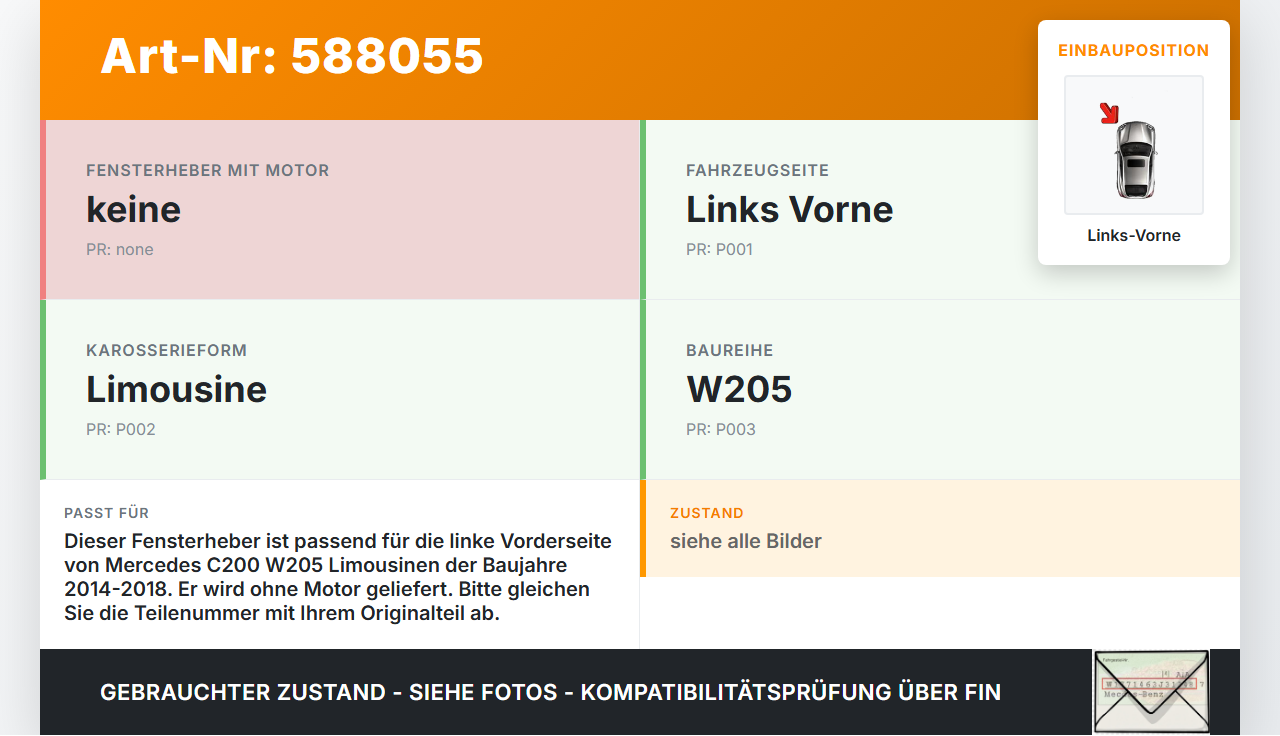 Mercedes C200 W205 14-18 Lim Fensterheber o. FH-Motor Links Vorne Mercedes C200 W205 14-18 24.02.2016 gebraucht Vorschau 3