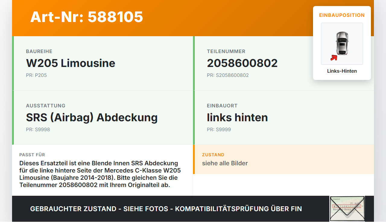 Mercedes C200 W205 14-18 Lim Blende Innen SRS Abdeckung Links Hinten Mercedes C200 W205 14-18 24.02.2016... Vorschau 3