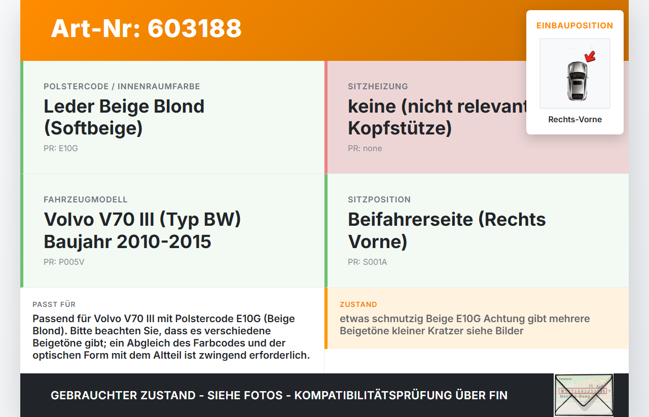 Volvo V70 III BW 10-15 Kopfstütze für Fahrer Sitz Rechts Vorne E10G Beige Blond Volvo V70 III BW 10-15 01.04.2012... Vorschau 3