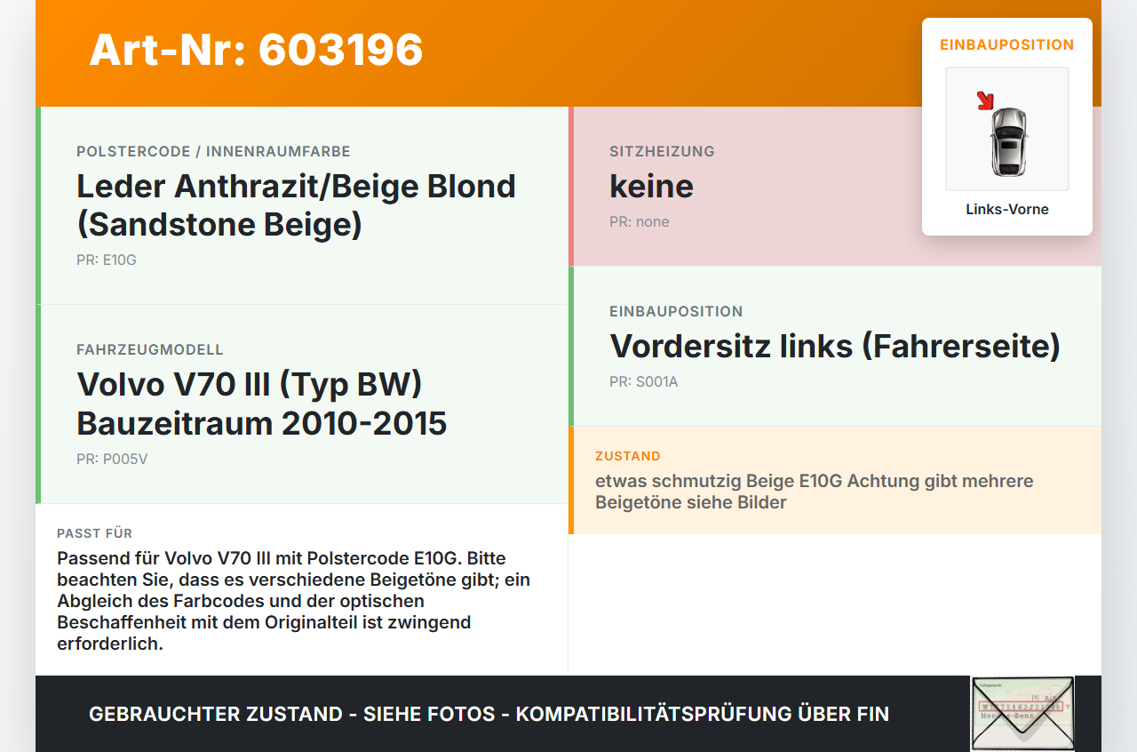 Volvo V70 III BW 10-15 Kopfstütze für Fahrer Sitz Links Vorne E10G Beige Blond Volvo V70 III BW 10-15 01.04.2012... Vorschau 3