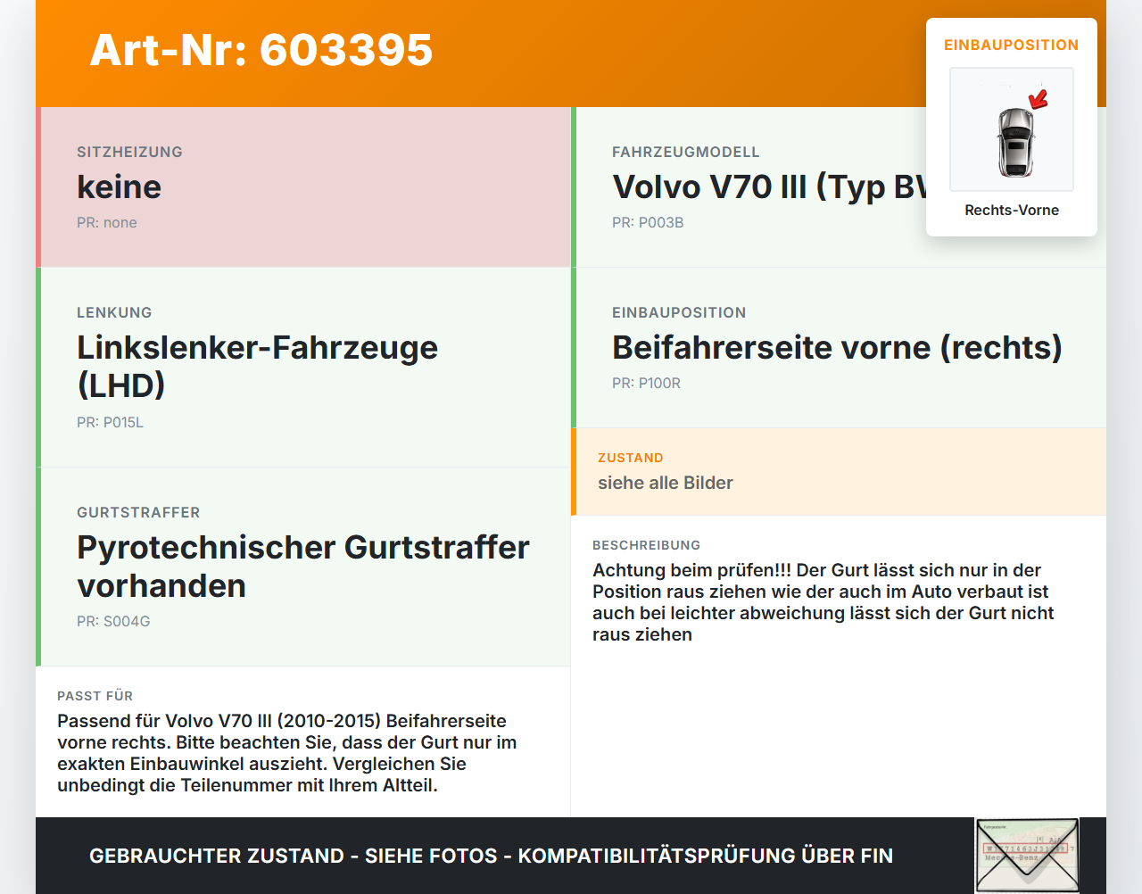 Volvo V70 III BW 10-15 Kombi Gurt Sicherheitsgurt Gurtstraffer für Beifahrer Rechts Vorne Volvo V70 III BW 10-15... Vorschau 3