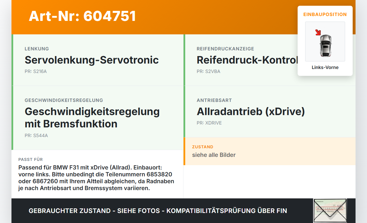 BMW F31 318D XDrive 12-15 Radnabe Links Vorne BMW F31 318D XDrive 12-15 11.12.2014 6867260 gebraucht Vorschau 3