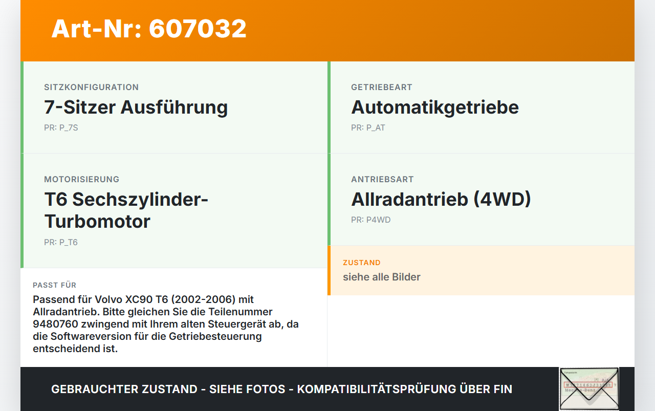 Volvo XC90 T6 02-06 Steuergerät ECU Getriebesteuergerät Volvo XC90 T6 02-06 07.01.2004 9480760 T03391049 gebraucht Vorschau 3