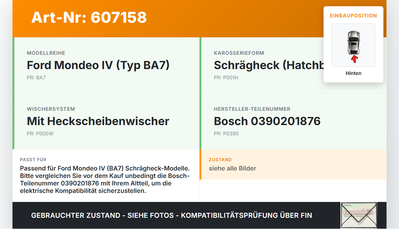 Ford Mondeo IV BA7 Schrägh Wischermotor Hinten Heckwischermotor Ford Mondeo IV BA7 26.01.09 7S71-A17K441-AB... Vorschau 3