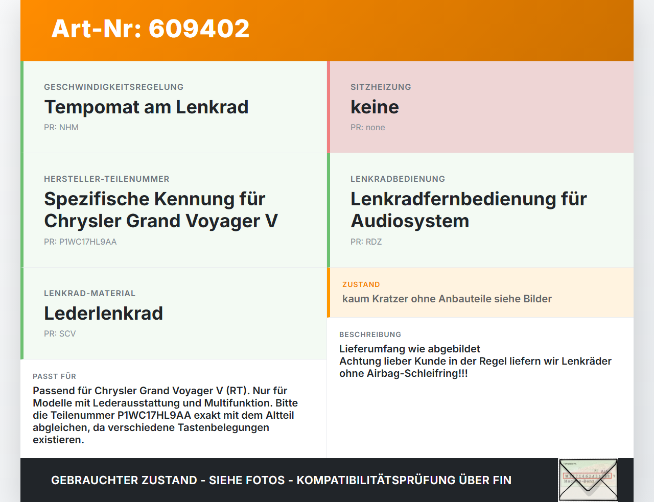Chrysler Grand Voyager V Lenkrad ohne Airbag Chrysler Grand Voyager V 09.09.2011 P1WC17HL9AA gebraucht Vorschau 3